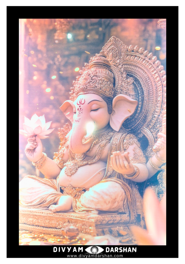 A grand depiction of Shri Gajanan sitting on a golden throne.