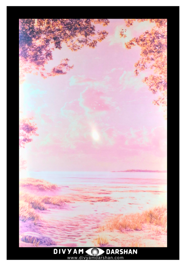 A sandy shore with patches of grass leading to calm ocean waters under a pastel colored sky