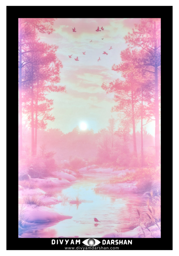 A riverbank with trees in soft pink and purple hues, a calm water body and birds flying in the distance.
