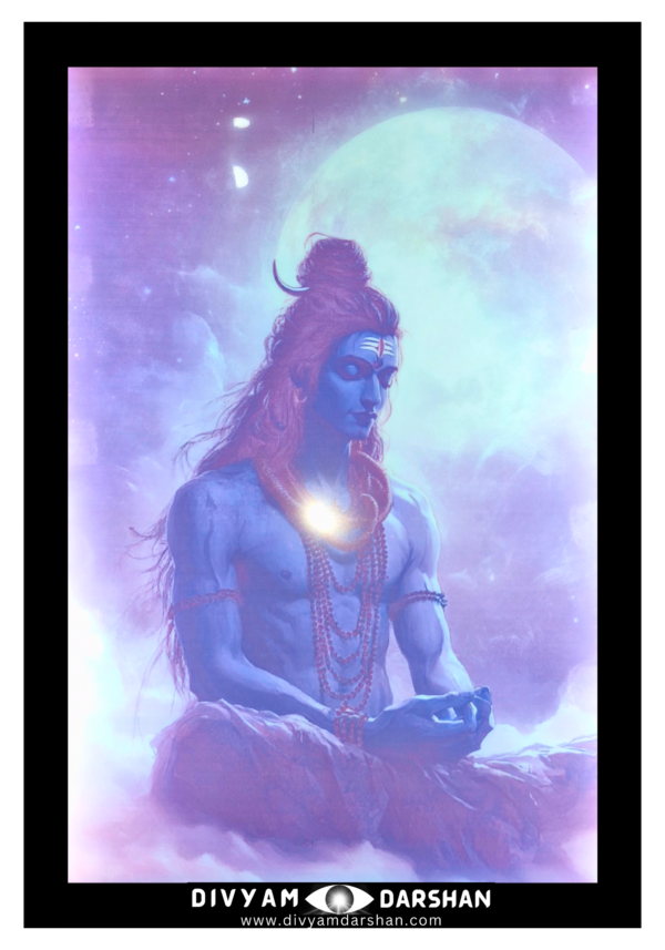 A calm and meditative depiction of Mahadev Shivay sitting under the moonlight.