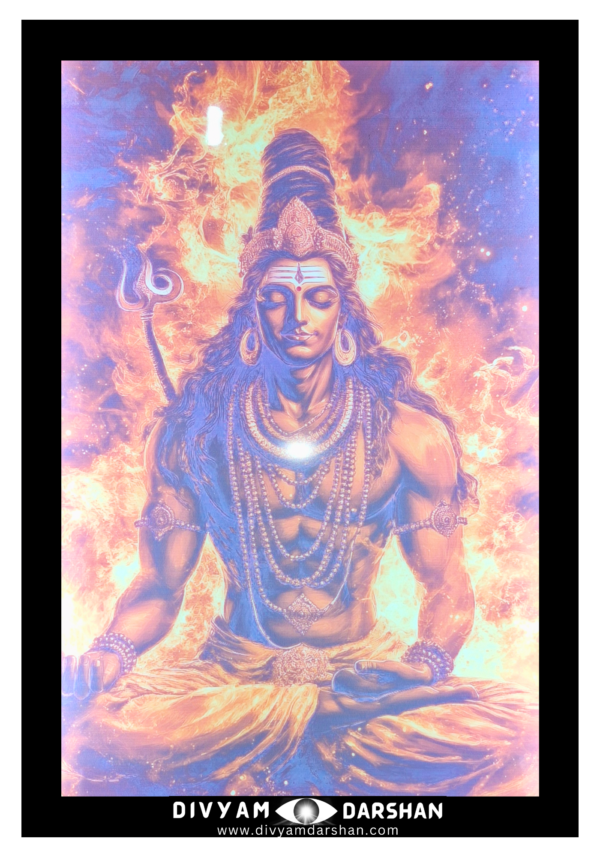 Mahadev Shivay meditating amid flames symbolizing his cosmic energy.