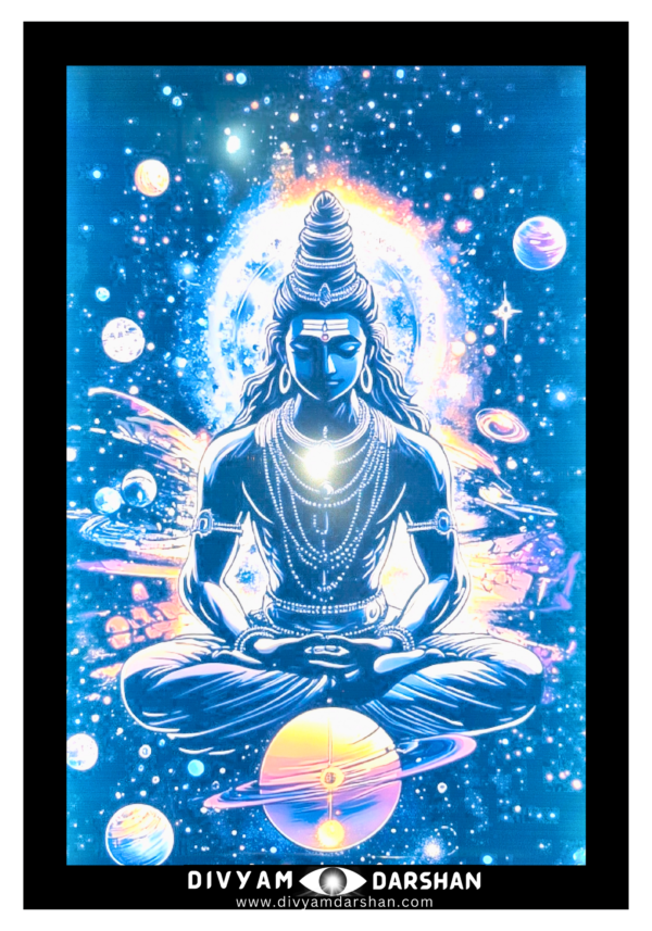 A cosmic depiction of Mahadev Shivay seemingly meditative, surrounded by planets and celestial bodies.