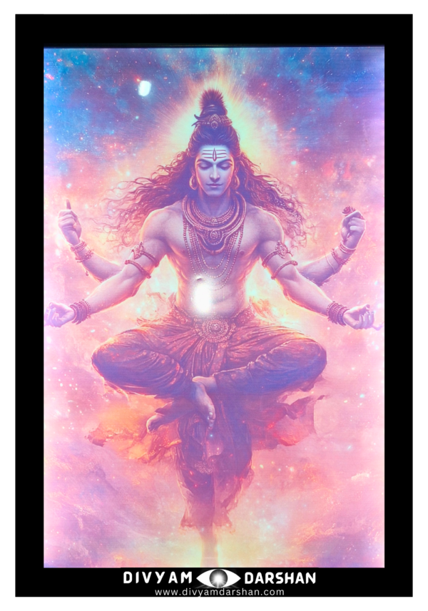 Mahadev Shivay in a meditative levitating pose, surrounded by a celestial aura.