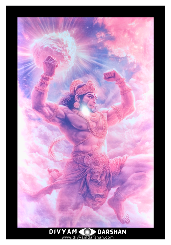 A dynamic and larger than life portrayal of Mahavir Hanuman leaping through the sky.