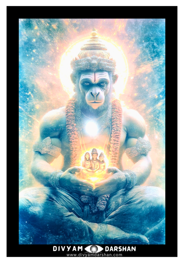 Mahavir Hanuman showing Shree Rama, Sita, and Lakshmana in his heart.