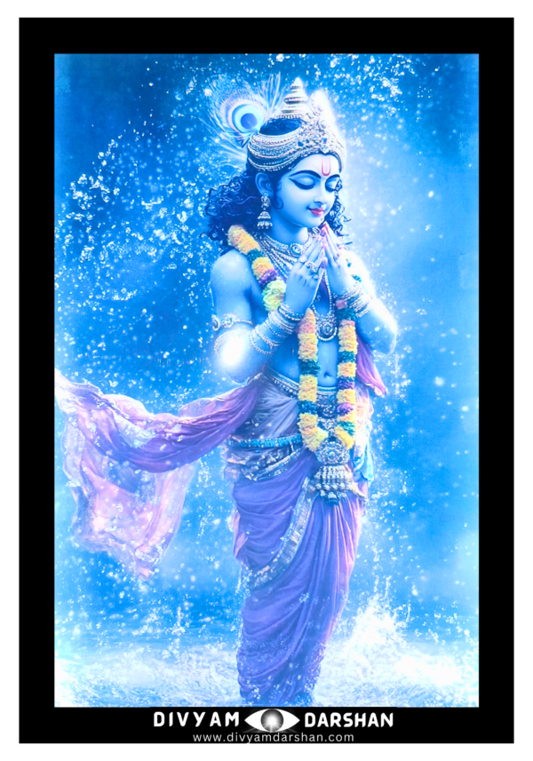 Shri Krishna standing in a meditative pose with folded hands.